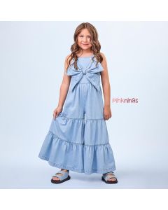 Macacão Infantil Jeans Animê Maxi Laço Fashionista