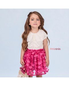 Conjunto Infantil Animê de Blusa Branca e Saia-Short Tule Flowers