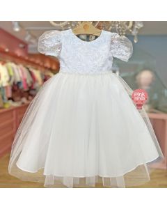 Vestido de Festa Infantil Luxo Off White Renda com Cintinho Pérolas Laço Costas