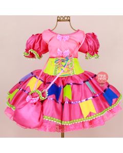 vestido-infantil-de-festa-junina-rosa-neon-bandeirinhas-bolsinha-detalhes