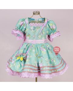 vestido-infantil-de-festa-junina-luxo-verde-agua-floral-e-laco-rosa-bolsinha-frente