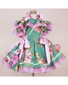 vestido-infantil-de-festa-junina-luxo-verde-floral-com-laco-rosa-glitter-bolsinha-frente