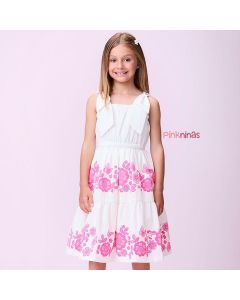 Vestido Infantil Branco Momi Detalhes Flores Pink Neon