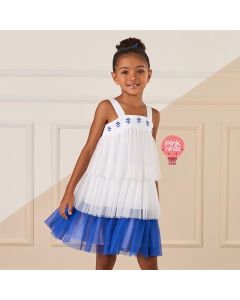 Vestido de Festa Infantil Branco e Azul Mon Sucré Babadinho Tule