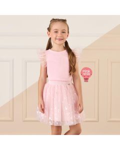 Conjunto Infantil Rosa Mon Sucré de Blusa e Saia Tule Borboletinhas