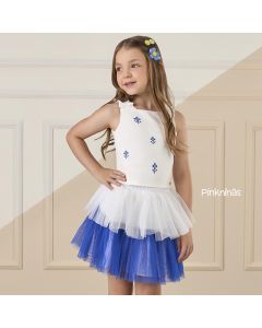 Conjunto Infantil Branco e Azul Mon Sucré de Blusa e Saia Tule Mel