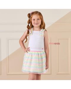 Conjunto Infantil Mon Sucré de Blusa Branca Corações e Saia Listra Candy Color