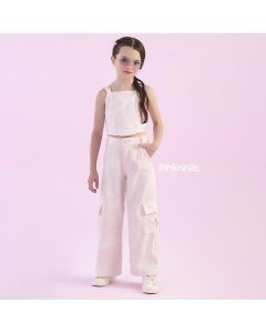 Conjunto Infantil Rosa Petit Cherie de Blusa Cropped e Calça Wide Leg Tie Dye Coração