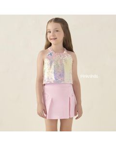 Conjunto Infantil Rosa Petit Cherie de Blusa Paête Holográfico e Short-Saia Fashionista