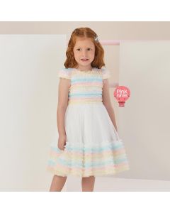 Vestido de Festa Infantil Branco Petit Cherie Tule Brilho e Detalhes Candy Color