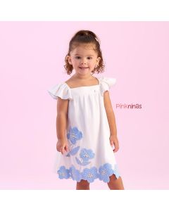 Vestido Infantil Branco Petit Cherie Flores Bordadas Azuis