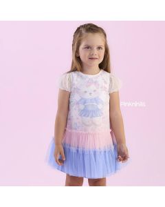 Vestido Infantil Multicolorido Petit Cherie Tule Azul e Rosa Ursinho