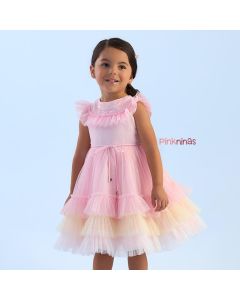 Vestido de Festa Infantil Rosa Petit Cherie Barrado Candy Color Tule Brilho