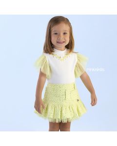 Conjunto Infantil Amarelo Petit Cherie de Blusa e Saia-Short Brilho Lacinhos