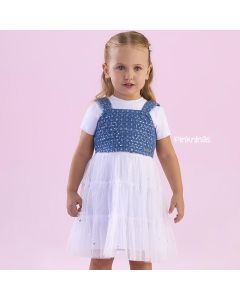 Vestido Infantil Branco Petit Cherie + Colete Azul Brilho