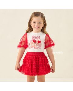 Conjunto Infantil Vermelho Petit Cherie de Blusa Ursinhos e Saia-Short Brilho Tule