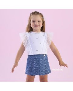 Conjunto Infantil Petit Cherie de Blusa Branco e Short-Saia Azul Brilho