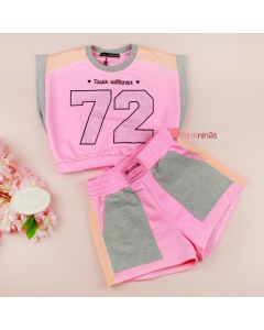conjunto-infantil-rosa-fluor-vanilla-cream-de-blusa-e-shorts-think-different-cristais-frente